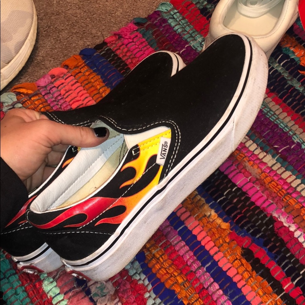 Flames and black Slip on Vans